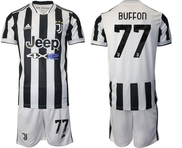 Juventus Turin Heimtrikot 2022 Kurzarm Weiss/Schwarz mit Aufdruck Buffon 77-1