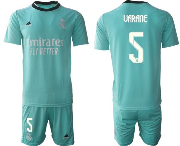 Personalisierbar Trikotsatz Real Madrid Ausweichtrikot 2022 grün mit Aufdruck Varane 5