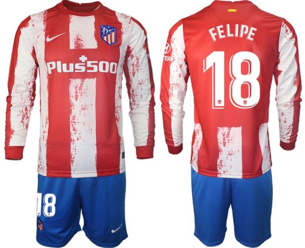 Atlético Madrid 2021/22 Heimtrikot Langarm + Kurze Hosen mit Aufdruck Felipe 18