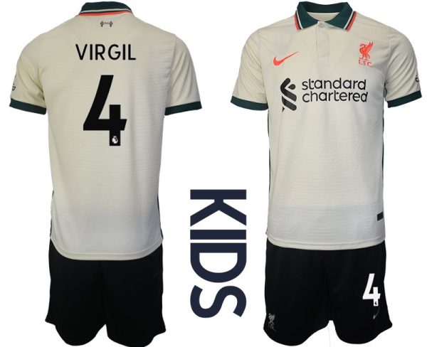 FC Liverpool Stadion Auswärtstrikot Beige 2021-22 für Kinder mit Aufdruck VIRGIL 4