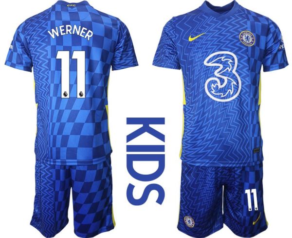 Fußball Trikotsatz Chelsea FC 2021/22 Heimtrikot Kinder blau gelb mit Aufdruck Werner 11