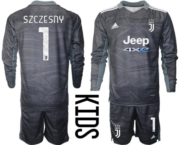 Juventus Kinder Torwart Trikot 2021-22 Langarm Schwarz Szczesny #1 Trikotsatz