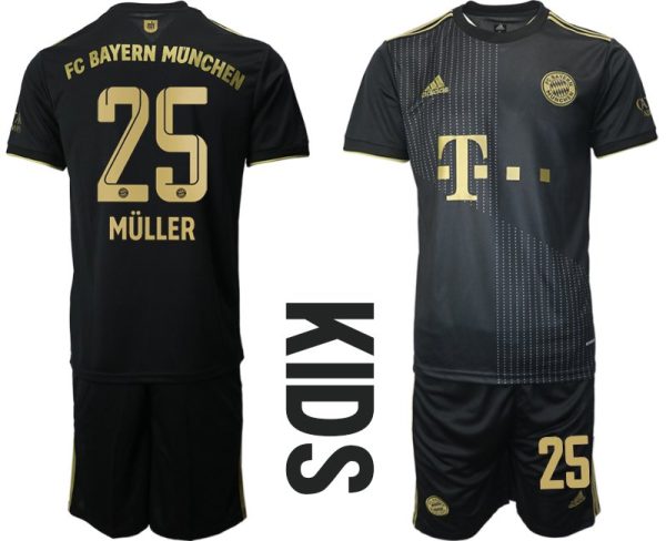 Kinder FC Bayern München Away Trikot 2022 Schwarz mit Aufdruck Müller 25