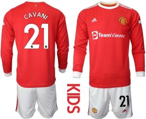 Kinder Manchester United Heimtrikot 2022 Trikotsatz Langarm rot mit Aufdruck Cavani 21