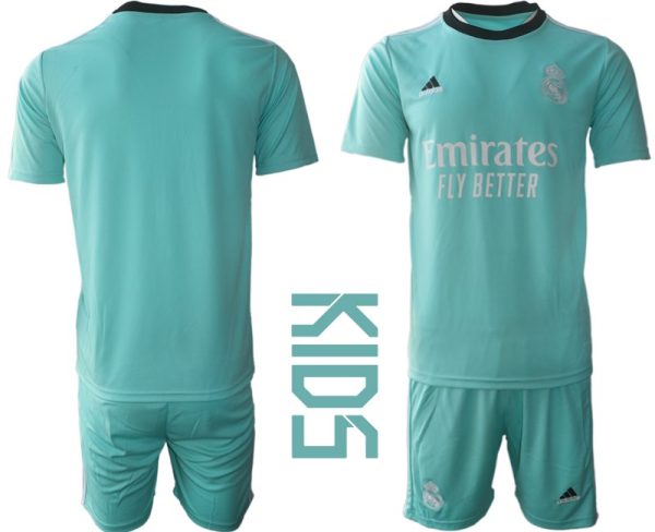 Kinder Real Madrid Ausweichtrikot 2021-22 türkis/weiß Trikotsatz Kurzarm + Kurze Hosen