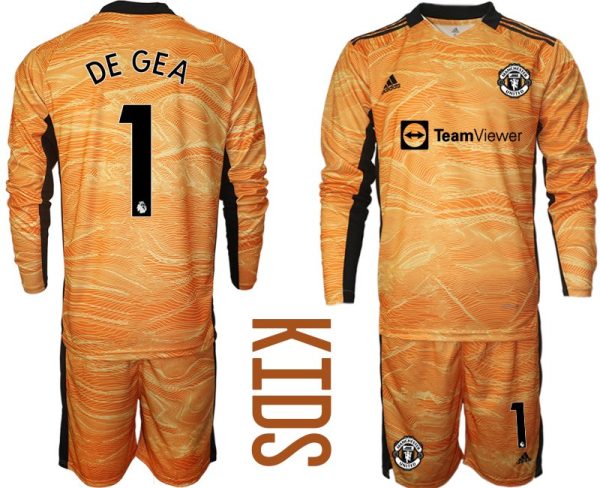 Kindertrikot Manchester United 2022 Torwart Heim Trikotsatz Orange Langarm mit Aufdruck DE GEA 1