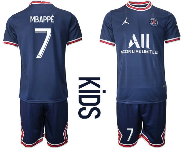 Paris Saint Germain PSG Heimtrikot 2021/22 für Kinder in blau mit Aufdruck Mbappé 7