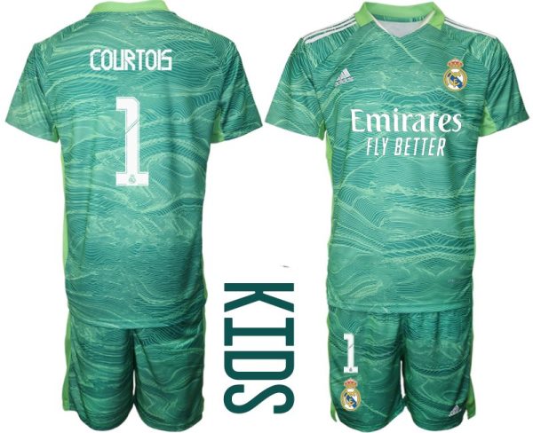 Real Madrid Torwart Trikot Set in grün für Kinder mit Aufdruck Courtois 1