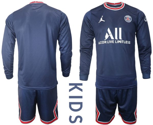 Billige Kinder Paris Saint Germain Heimtrikot 2021-22 PSG Trikotsatz Langarm + Kurze Hosen