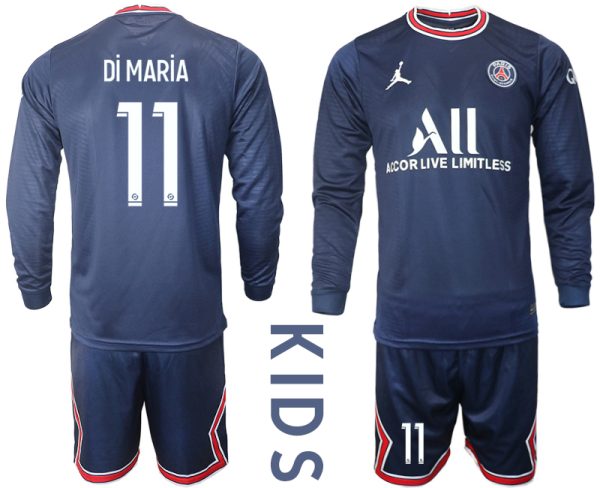 DI MARIA 11 Kinder Paris Saint Germain Heimtrikot 2021-22 PSG Trikotsatz Langarm + Kurze Hosen