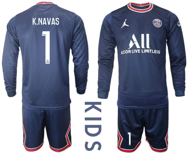 K.NAVAS 1 Kinder Paris Saint Germain Heimtrikot 2021-22 PSG Trikotsatz Langarm + Kurze Hosen