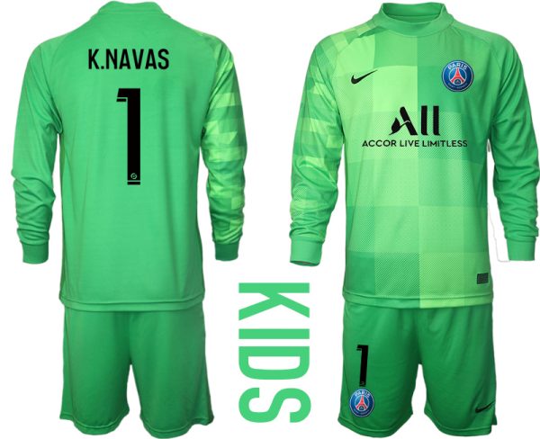 Kinder Paris Saint Germain Heimtrikot Grün PSG Trikotsatz Langarm + Kurze Hosen K.NAVAS 1