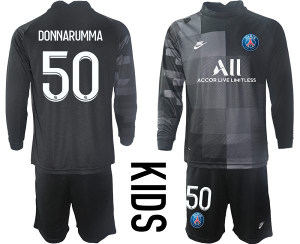 Kinder Paris Saint Germain Heimtrikot Schwarz PSG Trikotsatz Langarm + Kurze Hosen DONNARUMMA 50