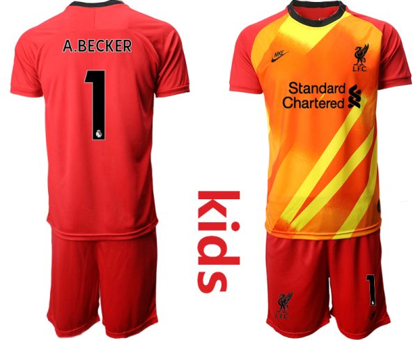 A.BECKER #1 Kindertrikot FC Liverpool Torwarttrikot 2020/21 Rot/Gelb Trikotsatz Kurzarm + Kurze Hosen