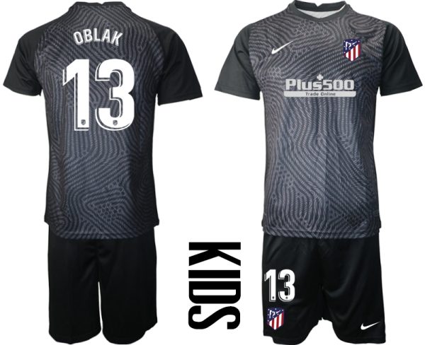 Kinder Atlético Madrid 2020-21 Torwarttrikot Schwarz Kurzarm + Kurze Hosen OBLAK 13