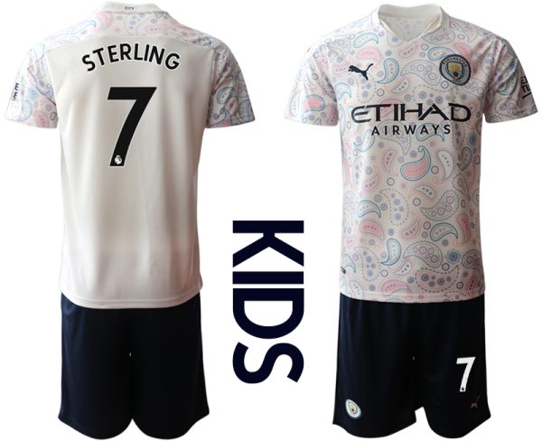 Kinder Manchester City Ausweichtrikot 2020-2021 Trikotsatz weiß/violett 3rd Trikot STERLING #7