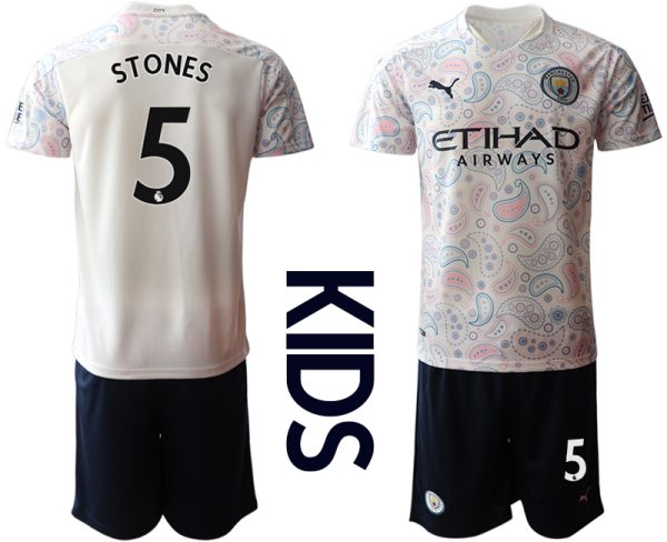 Kinder Manchester City Ausweichtrikot 2020-2021 Trikotsatz weiß/violett 3rd Trikot STONES #5