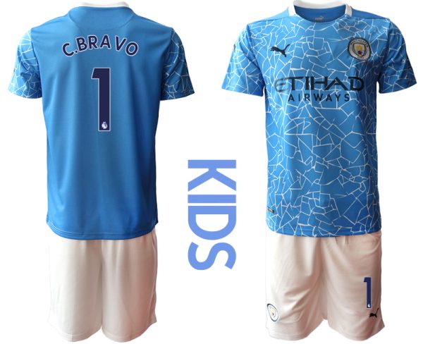 Kinder Manchester City Heimtrikot 2020-2021 Trikotsatz blau Kurzarm + weiß Kurze Hosen C.BRAVO #1