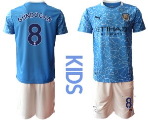 Kinder Manchester City Heimtrikot 2020-2021 Trikotsatz blau Kurzarm + weiß Kurze Hosen GÜNDOGAN #8