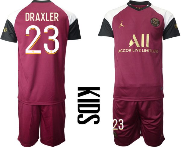 Kinder Paris Saint Germain Ausweichtrikot 20-21 PSG 3rd Trikot weinrot mit Aufdruck DRAXLER #23