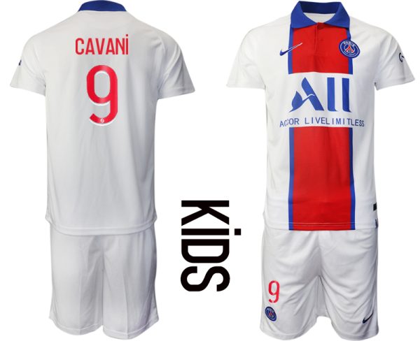 Kinder Paris Saint Germain PSG Auswärtstrikot 2020-21 weiß rot blau Trikotsatz CAVANi #9