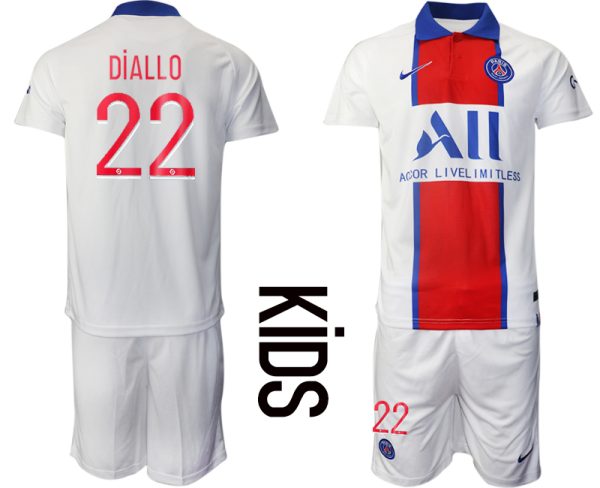 Kinder Paris Saint Germain PSG Auswärtstrikot 2020-21 weiß rot blau Trikotsatz DiALLO #22