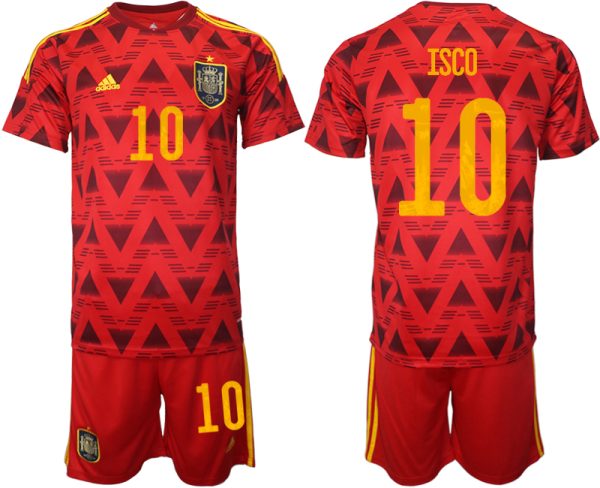 Spanien Heimtrikot WM 2022 Rot Trikotsatz Kurzarm + Kurze Hosen mit Aufdruck ISCO 10