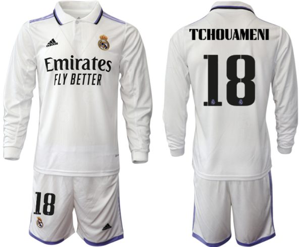 Herren Günstig Real Madrid Trikots 2022-23 Heimtrikot Weiß Fußballtrikots Set TCHOUAMENI 18