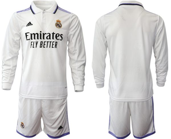 Herren Günstige Real Madrid Trikots 2022-23 Heimtrikot Weiß Langarm + Kurze Hosen