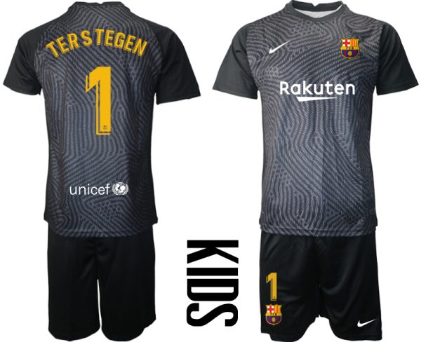 Kinder FC Barcelona 2020-2021 Goalkeeper schwarz Kurzarm + Kurze Hosen TERSTEGEN 1