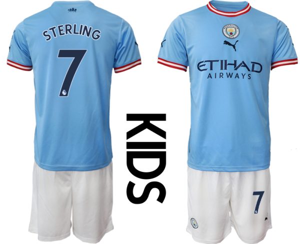 Kinder Manchester City FC 2022/23 Heimtrikots blau Kurzarm + weiß Kurze Hosen STERLING 7