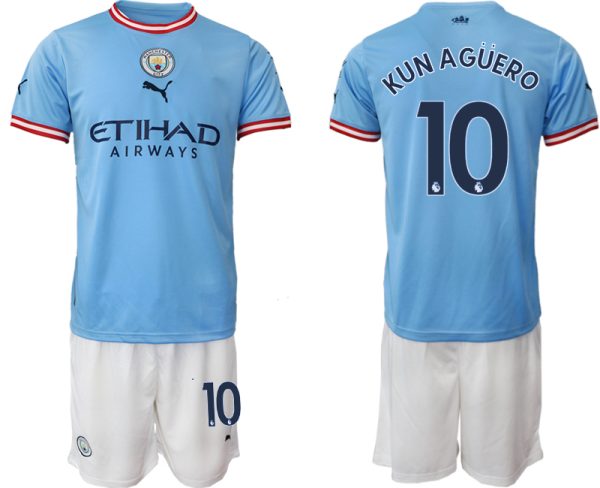 Manchester City Heimtrikot 2022/2023 blau weiß Trikotsatz mit Aufdruck KUN AGÜERO 10