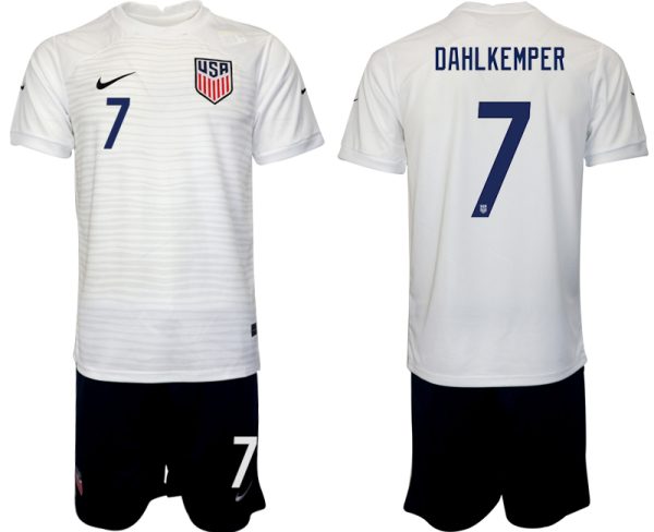 Herren USA Heimtrikot WM 2022 Weiß für draußen Kurzarm + Schwarz Kurze Hosen DAHLKEMPER 7