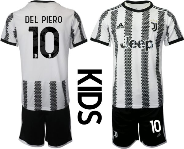 Kinder Juventus FC 2022-23 Heimtrikot Schwarz Weiß Kurzarm + Kurze Hosen DEL PIERO 10