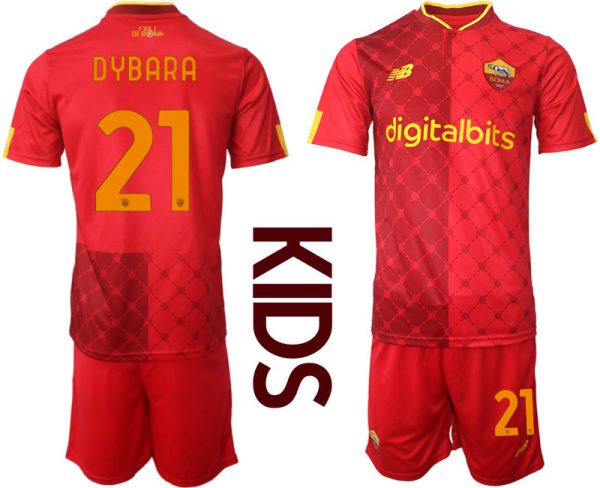 Neues Kinder AS Roma 2022/23 Heimtrikot Rot Fußballtrikots Set mit Aufdruck DYBARA 21