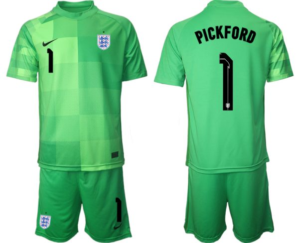 England Torwarttrikot World Cup 2022 Grün Trikotsatz Kurzarm + Kurze Hosen PICKFORD 1