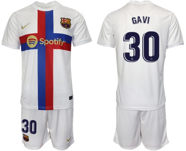 FC Barcelona 2022/23 Ausweichtrikot weiß Kurzarm + Kurze Hosen GAVI 30