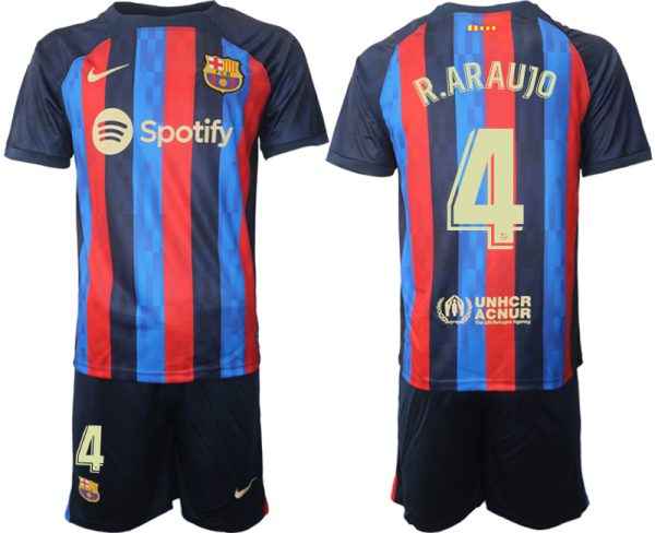 Herren FC Barcelona 22/23 Heimtrikot dunkelblau Kurzarm + Kurze Hosen R.ARAUJO 4