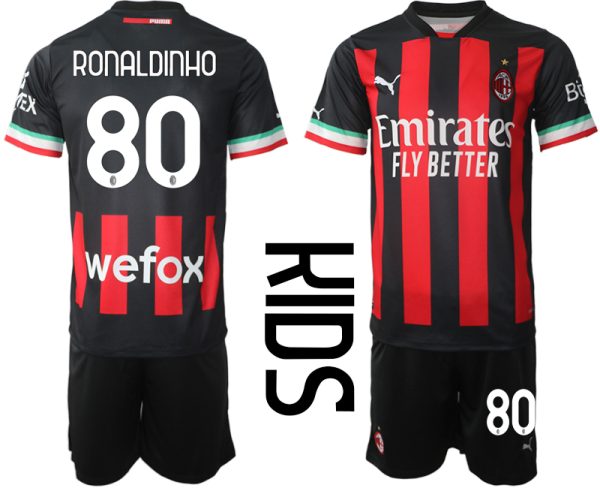 Kinder Heimtrikot AC Mailand 2022/23 rot schwarz Online Bestellen RONALDINHO 80