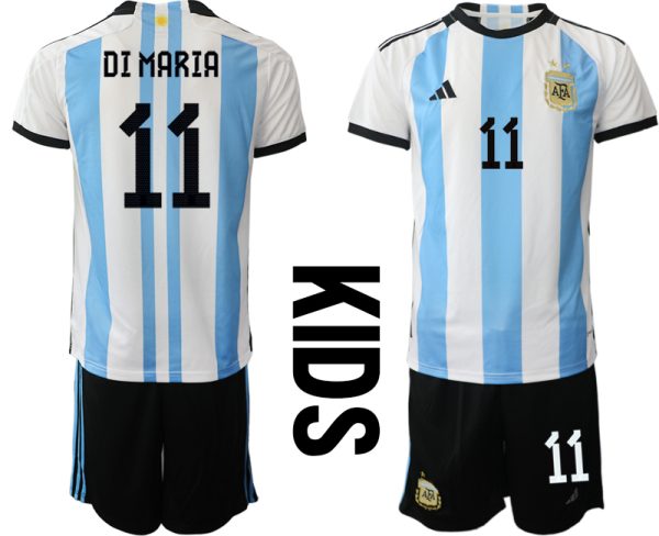 Kinder Heimtrikot Argentinien WM 2022 weiss blau Kurzarm + Kurze Hosen DI MARIA 11