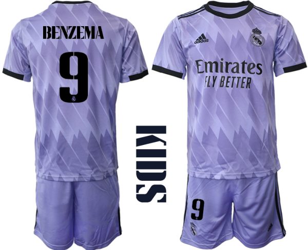 BENZEMA 9 Real Madrid Auswärtstrikot 2022/23 Trikot Away Lila für Kinder