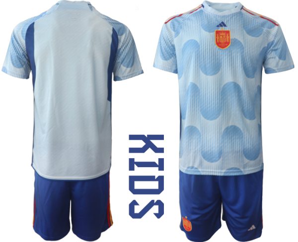 Kinder Fußball Trikot Spanien WM 2022 Auswärtstrikot Hellblaue Kurzarm + Kurze Hosen