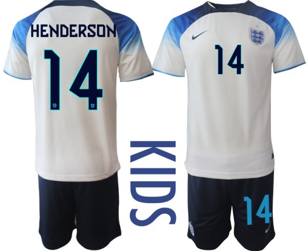 Kinderheim Trikot England 2022 World Cup weiß blau Neuen Fußballtrikots Set HENDERSON 14