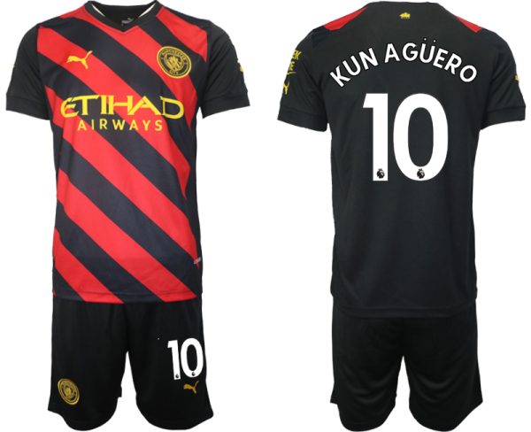 KUN AGÜERO 10 Manchester City Auswärtstrikot 2022/2023 schwarz rot Kurzarm + Kurze Hosen