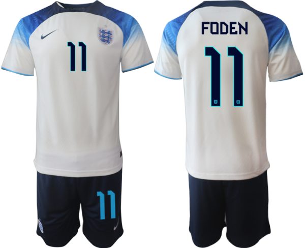 FODEN #11 Herren England Fußball-WM 2022 Heimtrikot weiß blau Kurzarm + Kurze Hosen