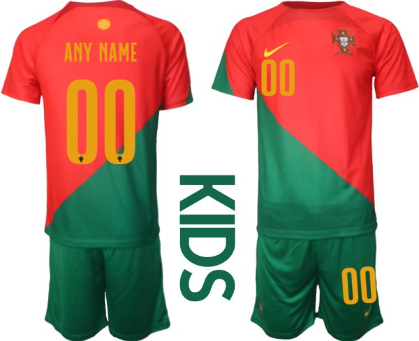 Kinder Portugal Heimtrikot T-Shirt Fußball-WM 2022 rot grün Trikotsatz Personalisierbar