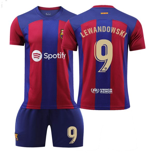 Kinderheim Trikot FC Barcelona 23-24 Trikot Kurzarm + Kurze Hosen LEWANDOWSKI 9