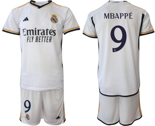 Herren Real Madrid 2023-24 Heimtrikot in weiß Kurzarm + Kurze Hosen MBAPPÉ 9