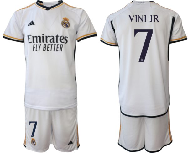 Herren Real Madrid 2023-24 Heimtrikot in weiß Kurzarm + Kurze Hosen VINI JR 7