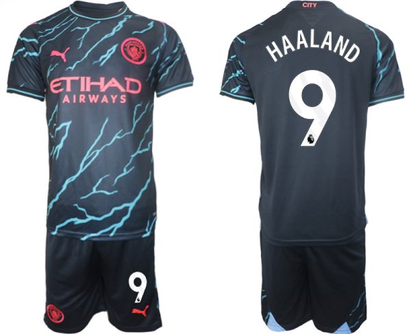 Herren Manchester City Drittes Trikot 2023/24 Kurzarm + Kurze Hosen Erling Haaland 9